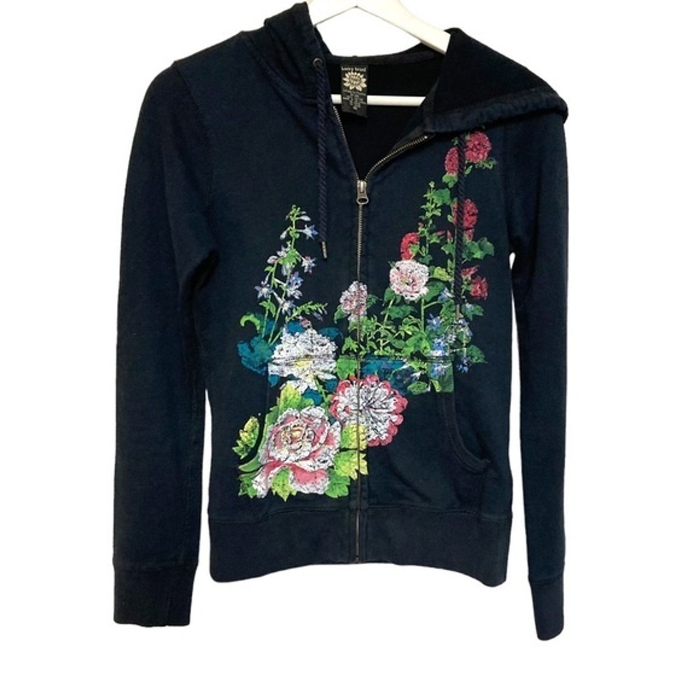 Y2K lucky brand XS zip up hoodie sweatshirt floral print graphic boho vintage